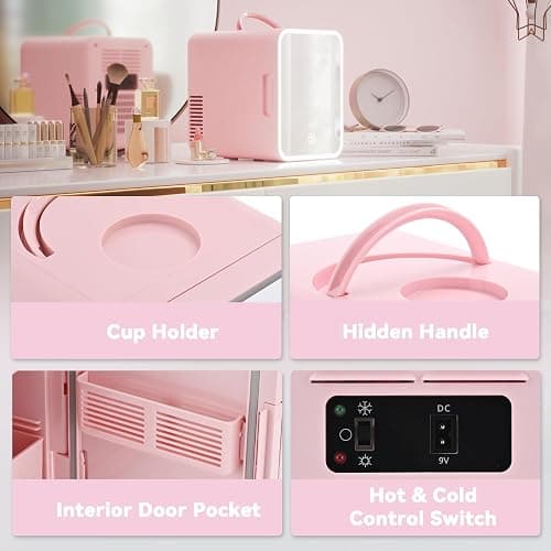 EUHOMY Mini Fridge, 5L AC/DC Small Refrigerator with Dimmable LED Mirror, Portable Cooler and Warmer for Skin Care, Cosmetics, Beverage, 5L Makeup Mini Skincare Fridge for Bedroom, Car, Office, Pink thumbnail 8