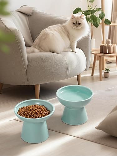 LoeJan Elevated Cat Food and Water Bowls Set, Extra Wide and Raised Ceramic Feeder, Anti-Vomit Whisker-Free Pressure Feeding Bowl for Kittens Adult Small Dogs (Blue) thumbnail 7