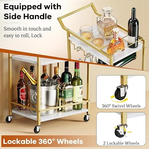 3 Tier Bar Cart Mini Liquor Utility Cart for Wine Beverage Dinner Party | Rolling Wine Coffee Drink Serving Cart with Lockable Wheels for Home Kitchen Bars (Gold) thumbnail 4