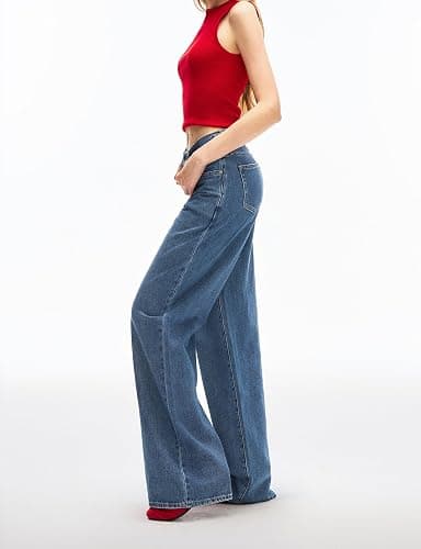 Women's Adjustable Wasit Baggy Jeans with Snap-Button Waistband Wide Straight Leg High Rise Jeans Denim Pants Y2K Trousers thumbnail 5