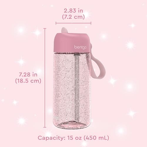 Bentgo Kids Water Bottle - Leak-Proof, Durable Tritan, BPA-Free 15 oz. Cup for Kids/Toddlers Ages 3+, Bite & Sip Spout, Carrying Handle, & Dishwasher Safe for School (Glitter Edition - Petal Pink) thumbnail 2