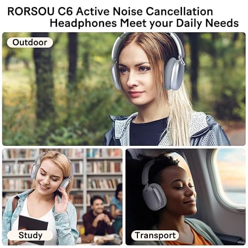 RORSOU C6 Active Noise Cancelling Headphones, Wireless Over Ear Bluetooth Headphones, 60H Playtime, Lightweight Folding Deep Bass Comfort Fit Ear Cups Headset with Mic for iPad/Travel/PC/Home Silver thumbnail 10