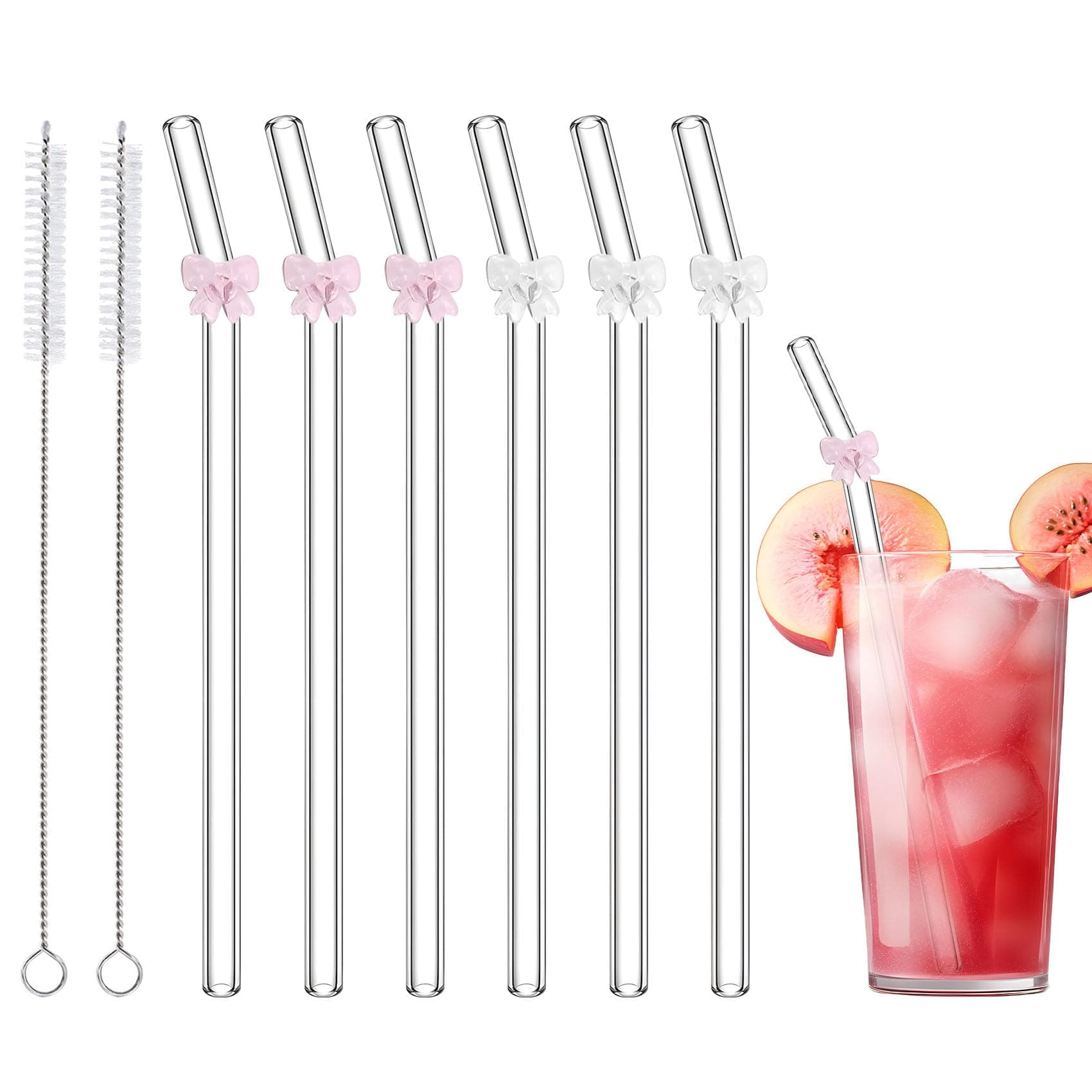 6 Pcs Glass Straws with 2 Cleaning Brushes, Cute Pink Bow Glass Straws Shatter Resistant, Reusable Straw Dishwasher Safe for Coffee Lover, Milkshake, Smoothies, Juice, Aesthetic Gift thumbnail 2