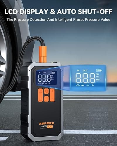 AsperX 160PSI Cordless Tire Inflator Air Compressor – Portable Rechargeable Air Pump with LCD Display, Auto Shut Off, LED Light & Carrying Case | Fast Inflation for Car Tires, Bike, Motorcycle, Balls thumbnail 3
