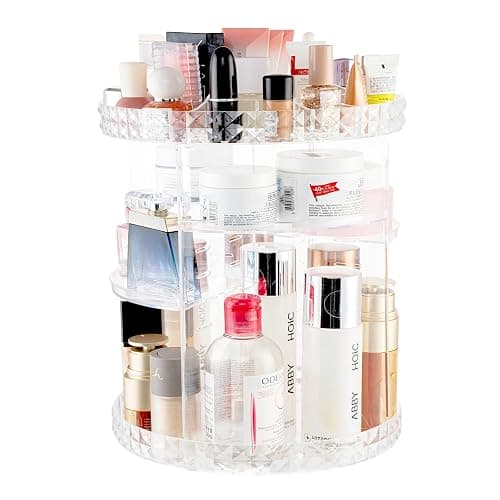 V-HANVER 360 Rotating Makeup Organizer Perfume Organizer Clear Cosmetic Storage Display Case Large Capacity Acrylic Beauty Holder Adjustable Partition Height for Bedroom Dresser or Bathroom Vanity - Clear - Image 1
