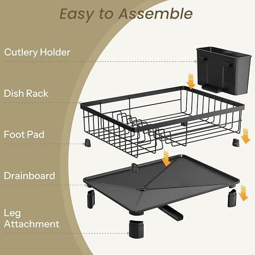 SNTD Dish Drying Rack - Small Dish Rack for Kitchen Counter, Stainless Steel Dish Drainer with Utensil Holder and Drainboard, 11" W x 15" L (Black) thumbnail 6