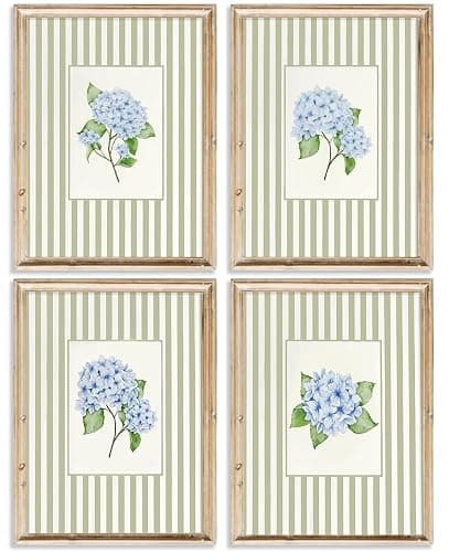 Blue Hydrangea Wall Art Sage Green Striped Rustic Farmhouse Floral Pictures Wall Decor French Country Botanical Posters Vintage Grandmillenial Flower Painting Print Artwork for Bedroom Dorm, Unframed - Image 1