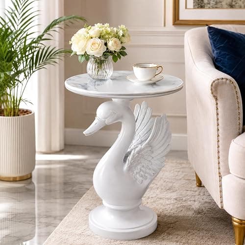 Sprgarde Luxury Swan Side Table, White Faux Marble Top Accent End Table, Decorative Coastal Sculpture Furniture for Living Room, Bedroom, Entryway Home Decor - Image 1