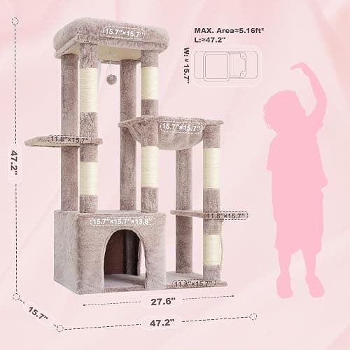 Heybly Heavy Duty Cat Tree, Tower for Indoor Cats Large Adult, Tall Cat Condo House with Extra-Large Baseboard, Multi-Level Plush Furniture with Scratching Posts, Hammock,Toy Balls,Muchroom HCT026MU thumbnail 7