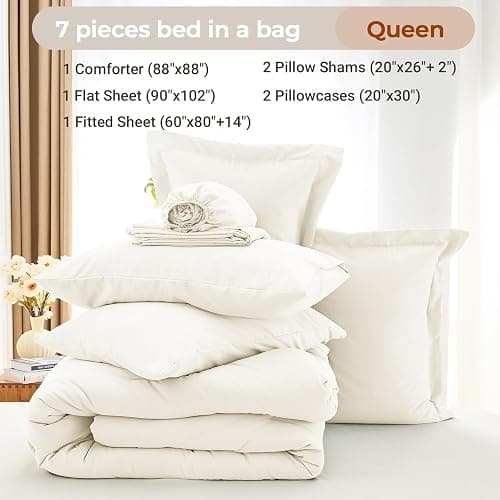 MUXHOMO 7 Pieces Queen Comforter Set, Soft Bed in a Bag Queen Size, All Season Bedding Set with Comforter, Flat Sheet, Fitted Sheet, Pillowcases & Shams, Ivory thumbnail 4