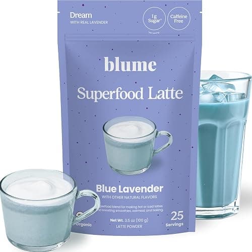 Blume Blue Lavender Superfood Latte Powder – Organic Lavender Tea Powder, Blue Spirulina, Blue Butterfly Pea Flower Tea, Chamomile, Coconut Milk - Caffeine Free, Vegan, 1g Sugar - 25 Servings - Image 1