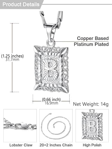 U7 Initial Letter Necklace for Men Women, 14K Gold/Silver Plated Square Capital Monogram Pendant Necklace from A-Z with 22+2 Inch Figaro Chain, Personalized Jewelry for Him thumbnail 4