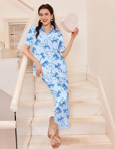 Ekouaer Silk Pajamas for Womens Set 2 Piece Fall Pjs with Pockets | Satin Short Sleeve Sleepwear, Soft Button Down Tops/ Wide Leg Pants for Lounging, Date Nights, Honeymoon, Bridal Wedding Day thumbnail 3