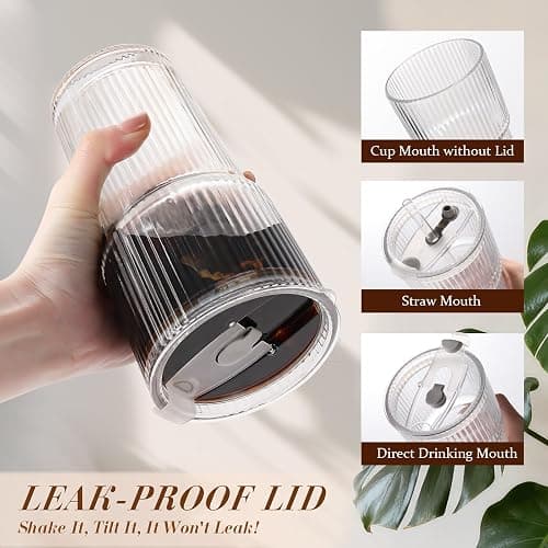 Iced Coffee Cups with Lids: Coffee Bar Accessories - Ribbed Glass Tumbler with Straw and Lid 4Pcs - 20oz Leak Proof Tumbler - Reusable Glass Cups and Tumblers with Lid and Straws for To Go Iced Coffee thumbnail 5