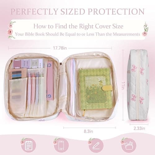 Bible Cover Case for Women, Large Quilted Bible Carrying Case with Handles, Bible Study Supplies & Accessories Christian Gifts for Women(Pink Bow) thumbnail 2