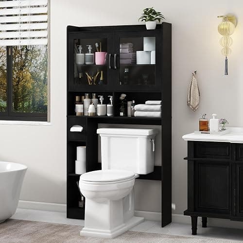 Vabches Over-The-Toilet Storage Cabinet, Farmhouse Style with 2 Acrylic Waves Doors, Space-Saving Home Storage Rack for Restroom, Bathroom and Laundry Room.Black. thumbnail 8