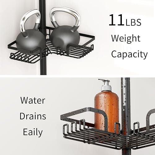 ZUNTO Tension Pole Shower Caddy with 2 Towel Holder and Hooks for Bathroom, Adjustable 25in-114in Floor to Ceiling Shower Organizer, Standing 4 Tier Corner Shelves for Storage and Hanging, Matte Black thumbnail 8