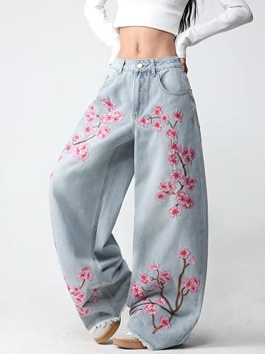 OYICAI Floral Embroider Baggy Jeans for Women Wide Leg Y2k Denim Pants | Hip Hop,Loose Fit,Long Trousers,Vintage 2000s Streetwear,Straight Leg,5 Pockets thumbnail 6