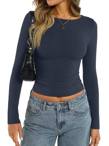 EasyGala Womens Cotton Boat Neck Long Sleeve Shirts Basic Going Out Stretchy Slim Fit Y2k Crop Tops - Image 1