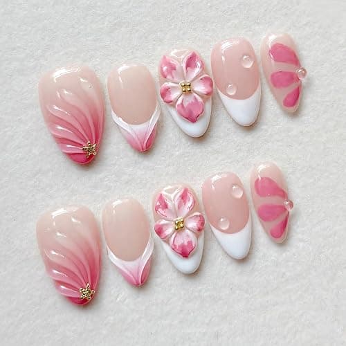 3D Pink Flower Press On Nails Nude Pink Gradient French Tip False Nails with Water Drop & Gold Starfish Decor, Medium Almond Reusable Fake Nails for Women Wedding Date (30 Pcs) - Image 1