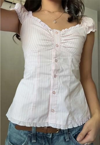 Women Fairy Grunge Crop Top Vintage Lace Short Sleeve Shirt Aesthetic Patchwork Square Neck T-Shirt 90s Harajuku Shirt thumbnail 4