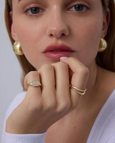 PAVOI 14K Gold Plated Signet Ring for Women - Pinky Ring with Round Cubic Zirconia - Dainty Lightweight Thin Statement Jewelry thumbnail 4