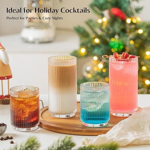 INSETLAN Ribbed Drinking Glasses Set of 12 – 6 Highball Glasses 12oz, 6 Rocks Cocktail Glasses 8oz – Everyday Glassware, Glass Cups for Iced Coffee, Cocktails, Whiskey, Water & Beer, Stackable thumbnail 5