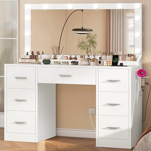 FIONESO Vanity with Large Mirror and 12 LED Lights, Vanity Desk with 7 Drawers & Hairdryer Holder, Makeup Vanity Desk with Charging Station for Women, Girls, 3 Lighting Color Adjustable, White thumbnail 8