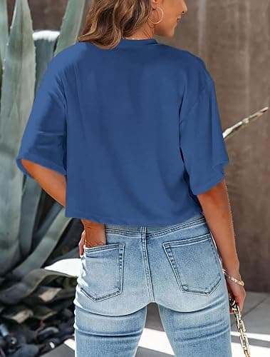 Tankaneo Womens Summer Crop Tops Half Sleeve Casual Cropped T-Shirts | Drop Shoulder, Round Neck, Cropped Tops, Solid Color, Basic Tees, Short Sleeve, Cute, Workout thumbnail 3