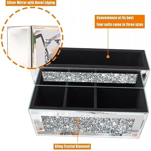 GOTHICO Mirrored Remote Holder, Wall or Tabletop Mounted Crush Diamond Bling Decoration Organizer Storage Caddy for Remote Phone Pad Notebook Makeup Brush,4 Slots in 3 Sizes,9.1"×6.1"×4.8" thumbnail 3