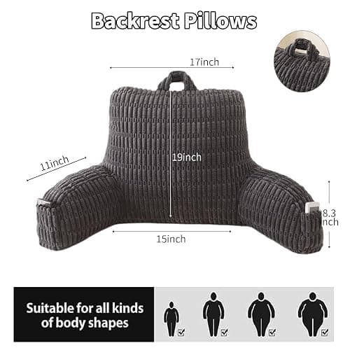 PAJEO Reading Pillow for Sitting in Bed, Large Backrest Reading Pillow with Arm Rest,Back-Rest Support Cushion for Sit Up on Couch, Sofa, and Floor, Dorm Essentials (Grey Corduroy, Large(19")) thumbnail 2