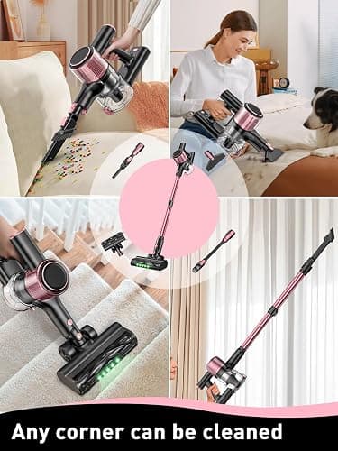 VICEASE Cordless Vacuum Cleaner, 8 in 1 Powerful Suction Lightweight Vacuum Cleaner for Home, LED Display, 3 Suction Modes, 45Mins Detachable Battery Vacuum for Hard Floor Carpet Pet Hair, Pink thumbnail 9