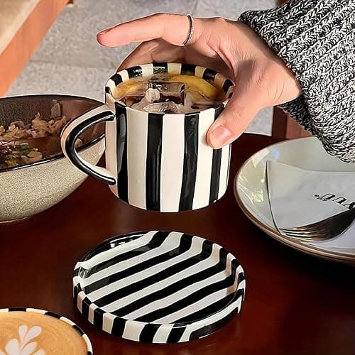 Mualuwi Tea Cup and Saucer, Ceramic 8 oz coffee mug, Dishwasher Safe and Microwave Safe, Black and White thumbnail 5