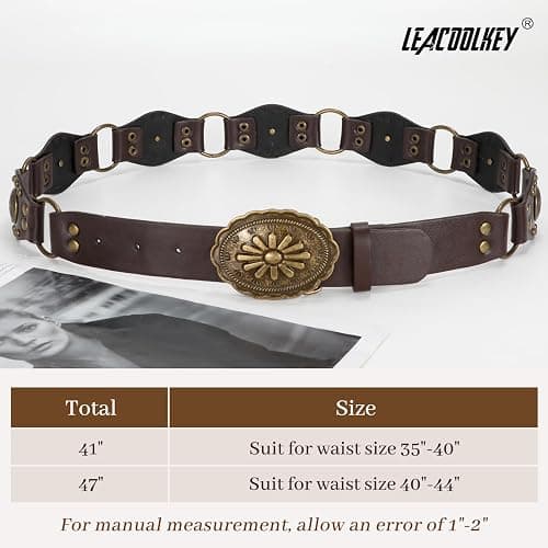 LEACOOLKEY Western Concho Rivet Belt for Women Vintage Leather Belt Western Waist Belt for Skirts Jeans thumbnail 7