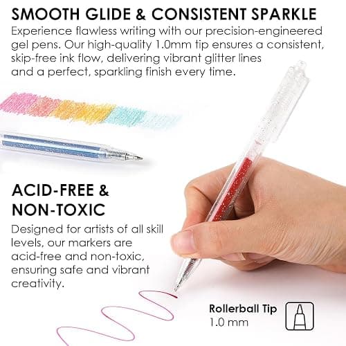 Grabie 18 Color Glitter Gel Pens, Retractable Sparkle Art Pens | Retractable Design, Smooth Gel Ink, Sparkling Finish, Acid Free Ink, Quick Drying, Coloring Books, Journaling, Drawing thumbnail 3