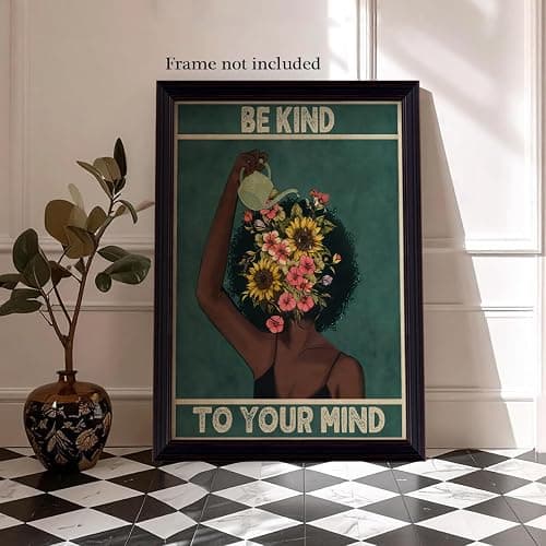 Be Kind To Your Mind Canvas Wall Art, Inspirational Quote Office Poster, Emerald Green Woman and Flowers Poster Print, Positive Affirmations Mental Health Wall Decor for Bedroom 12x16in Unframed thumbnail 5