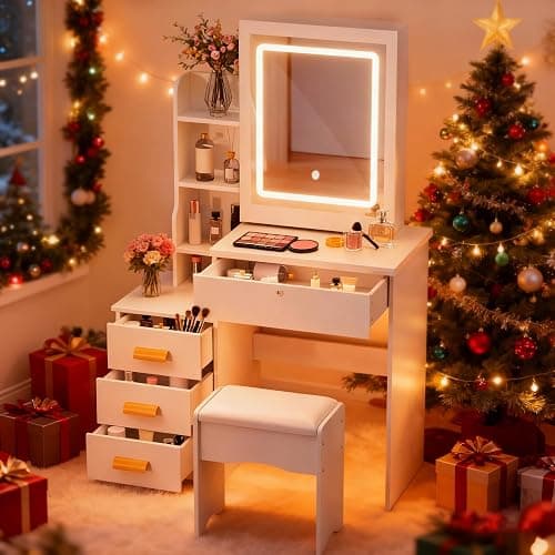 Vanity Desk with Mirror and Lights,Makeup Vanity with Extra Hidden Stroage,Makeup Desk with 4 Drawers 7 Open Shelves,Dressing Table for Bedroom,3 Color Light Modes,Small Vanity Desk(US Fast Arrival) - Image 1