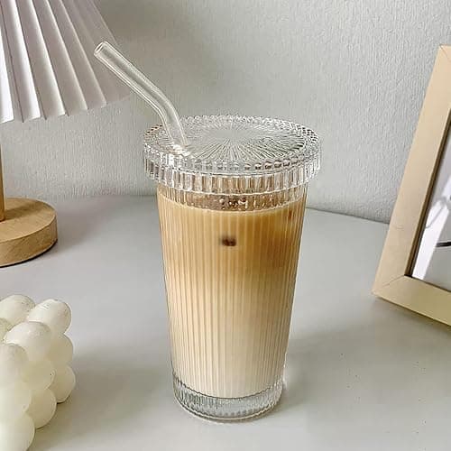 YAHUIPEIUS Glass Tumbler Stripe Glass Cup Coffee Cup With Lid and Straw LIDS DON'T SECURE 12.5 oz Drinking Glasses for Water,Iced Coffee,Milk,Tea,Juice (A-Stripe) - Image 1