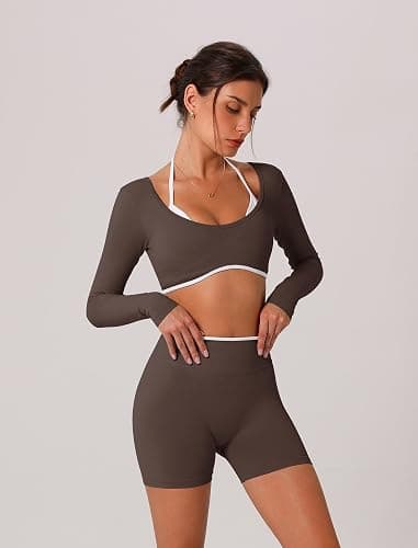 ABOCIW Workout Sets for Women 2 Piece Seamless Color Block Long Sleeve Crop Top Scrunch Butt High Waist Shorts Gym Set thumbnail 3
