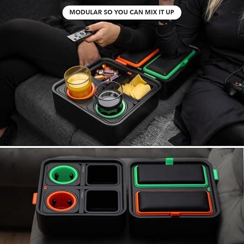 CouchConsole Original Tray - Drinks & Snacks Sofa Caddy with Armrest, Table with Phone Stand- TV Remote Control Storage and Organizer - for Living Rooms, RV, and Cars, Black/Orange thumbnail 8