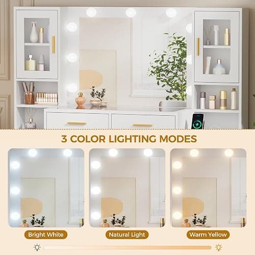BEWISHOME Makeup Vanity Desk with Mirror and Lights,55.12" Large Vanity Table with Glass Top,White Makeup Desk with Power Outlet 8 Drawers,Dressing Table for Bedroom Women Girls Modern FST37W thumbnail 4