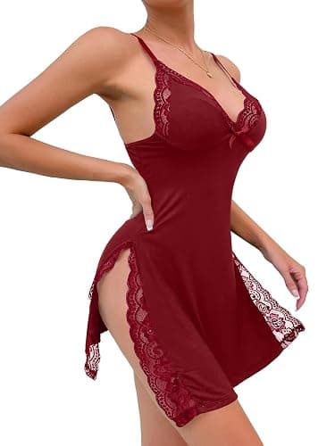 Foxiny Sexy Split Side Floral Lace Trim Full Slip Night Gown Babydoll Lingerie Dress with Thong 2 piece - Image 1