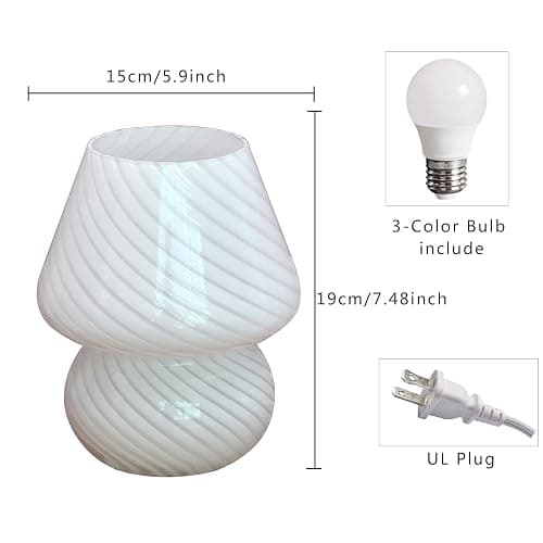 jonong Bedside Lamp Glass Striped Mushroom Table Lamp 110V Creative Gift Night Light (White) thumbnail 3