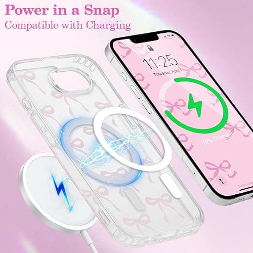 UEEBAI Magnetic for iPhone 17e/iPhone 16e, Glitter Bow Case Compatible with MagSafe, Wireless Slim Sparkly Clear Aesthetic Phone Cover Anti-Yellowing Protective Cover for Women Girl - Glitter Pink thumbnail 5