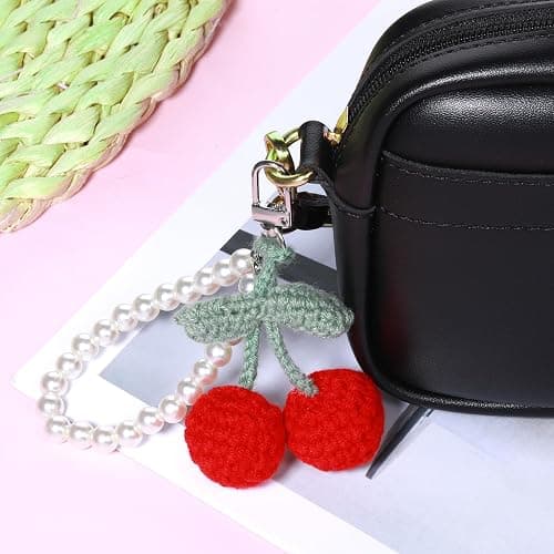 Apausvcm Cherry Pearl Keychain, Kawaii Cherry Crochet Key Chains Accessories Handmade Weaving Cute Car Rearview Mirror Hanging Accessories Bag Purse Charms for Handbags Backpack Women Girls Gift thumbnail 3