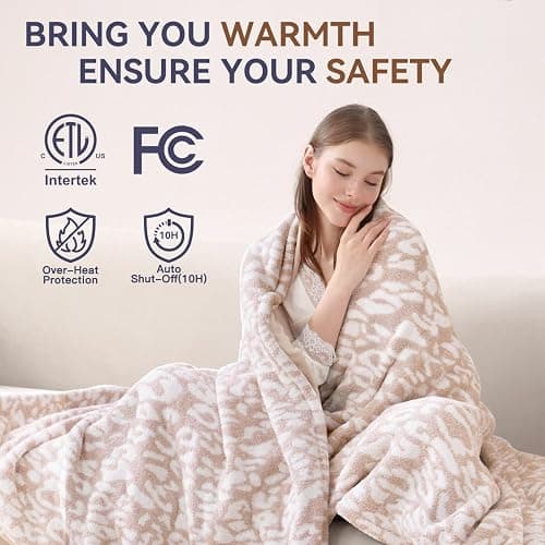 MH MYLUNE HOME Leopard Print Heated Throw Blanket, ETL & FCC Certified Electric Blanket, Washable Heated Blanket Throw, 9 Heating Levels & 10 Hours Auto-Off, Soft Heating Blanket - Khaki, 62"x84" thumbnail 3