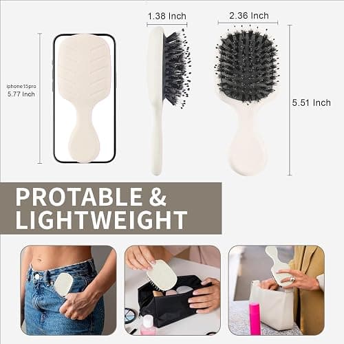 Jurrissa Mini Boar Bristles Hair Bursh, Travel Size Hair Brush for Women Men Kids, Protable Small Hair Brushes for Pockets Purses, Mini Hair Brush for Smooth Add Shine (Boar-White) thumbnail 2