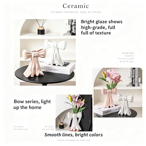 Disoza Bow Vase Pink Vase Ceramic Cute Decorative Flower Tulip Farmhouse Dazzling Modern Home Decor Pampas Grass for Table Bathroom Shelf thumbnail 4