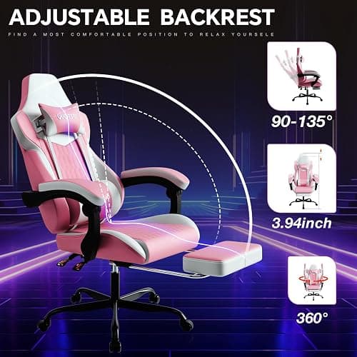 WOTSTA Gaming Chair with Footrest, High Back Gaming Chairs PVC Leather Ergonomic Gamer Chair with Adjustable Headrest Lumbar Support Racing Style Video Gaming Chair for Office/Home (Pink) thumbnail 4