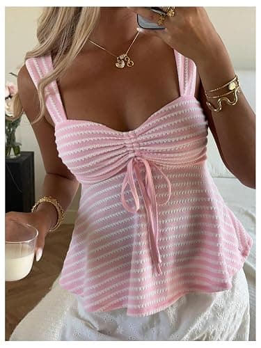 Milumia Women's Eyelet Tie Front Ruched Tank Tops Y2k Going Out Peplum Top | Babydoll, Sexy Slim Fit, Sleeveless, Flowy, Summer, Beach Vacation Outfits, Country Concert thumbnail 4